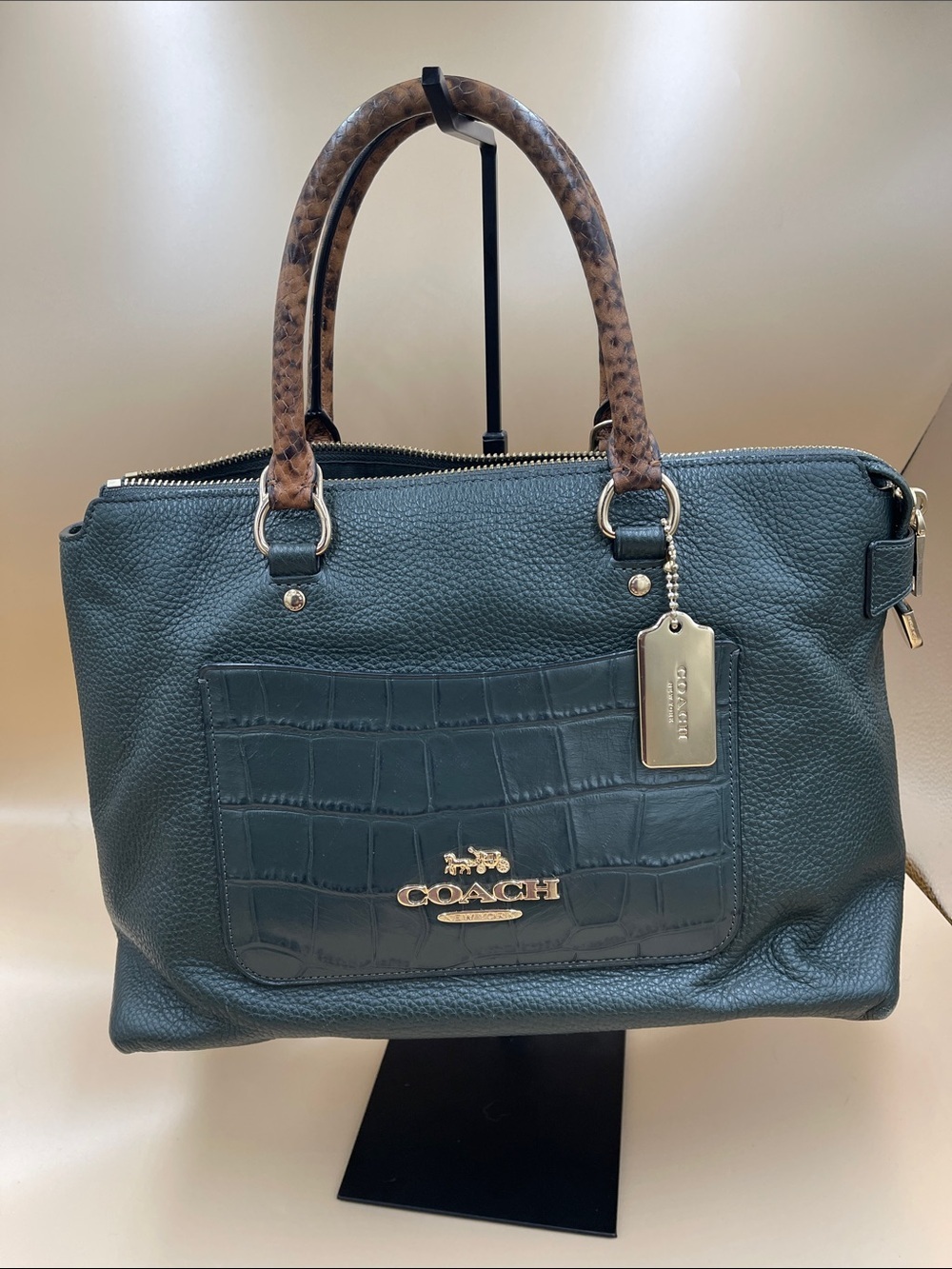 COACH Beautiful Green Pebbled Leather Satchel Brown Snake Handles Limited